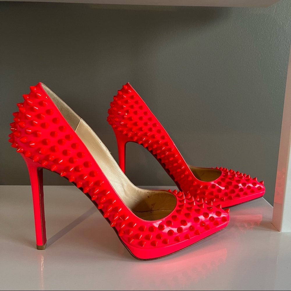 Neon Red Studded High Heel Pumps - Women's Fashion Heels